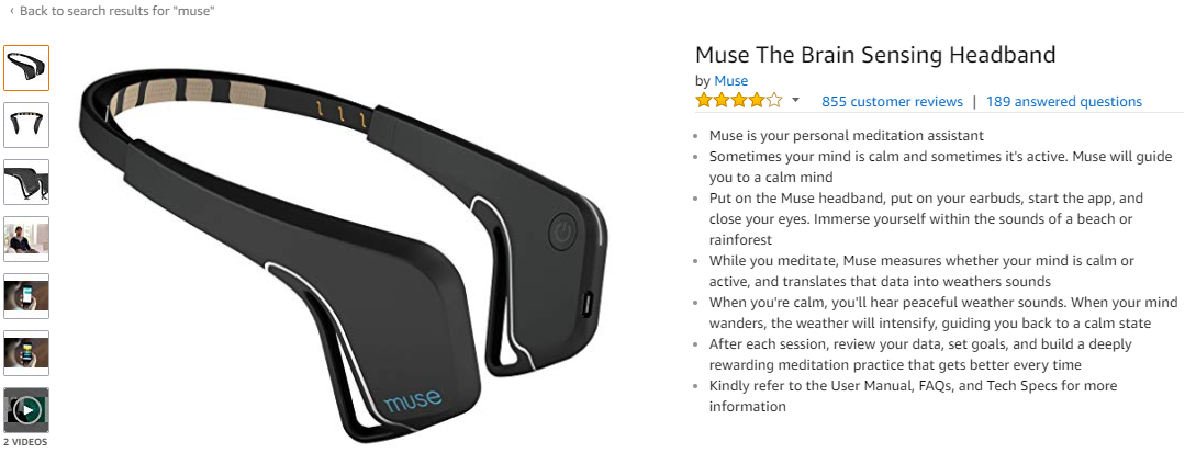 Muse brain sensing headband listing on Amazon